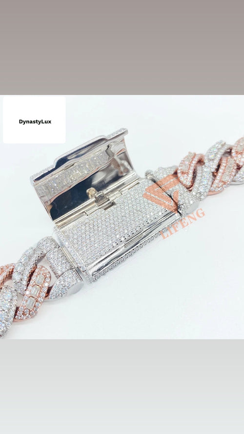 Baguette Cut Rose Gold Plated Two Tone Necklace Iced Out 18mm 925 Sterling Silver vvs Moissanite Cuban Link Chain