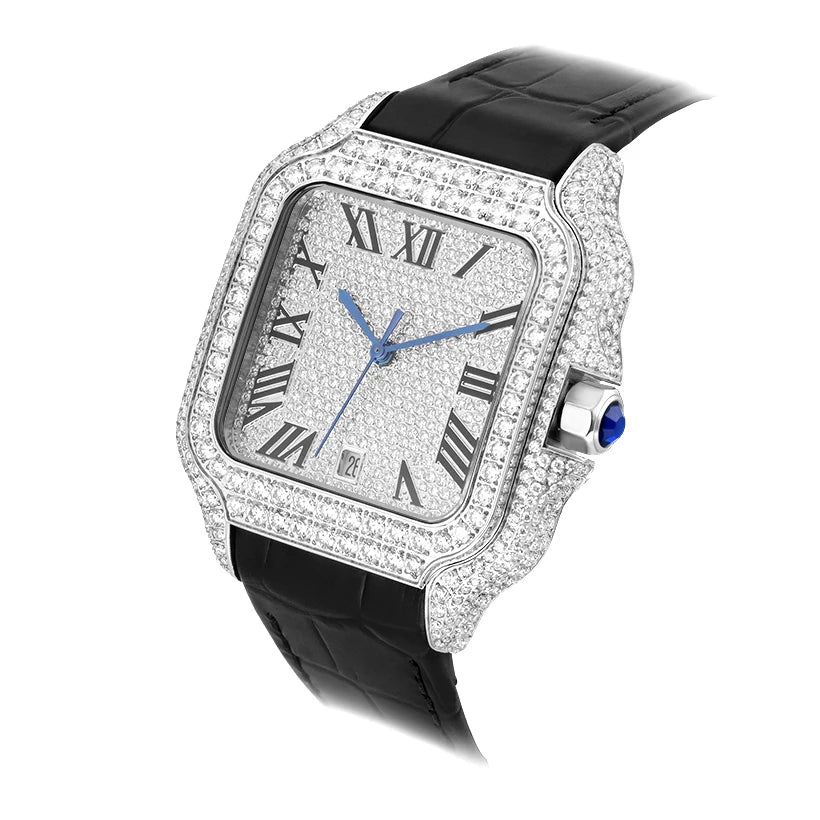 No logo Leather Square Iced Out Automatic Luxury Mechanical VVS Moissanite Watch