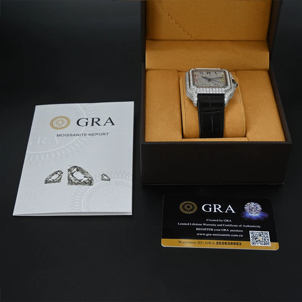 No logo Leather Square Iced Out Automatic Luxury Mechanical VVS Moissanite Watch