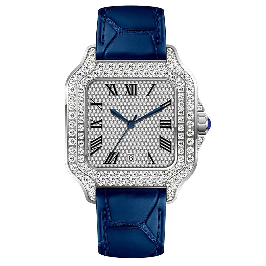 No logo Leather Square Iced Out Automatic Luxury Mechanical VVS Moissanite Watch