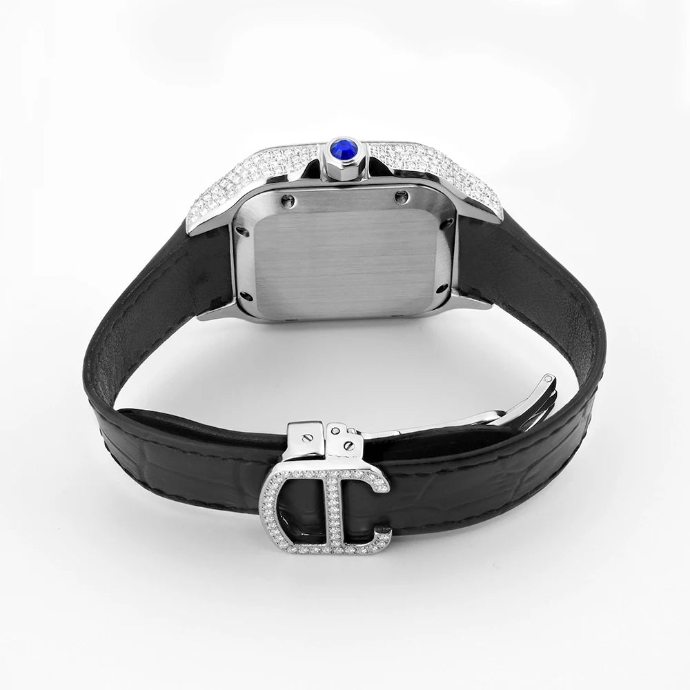 No logo Leather Square Iced Out Automatic Luxury Mechanical VVS Moissanite Watch