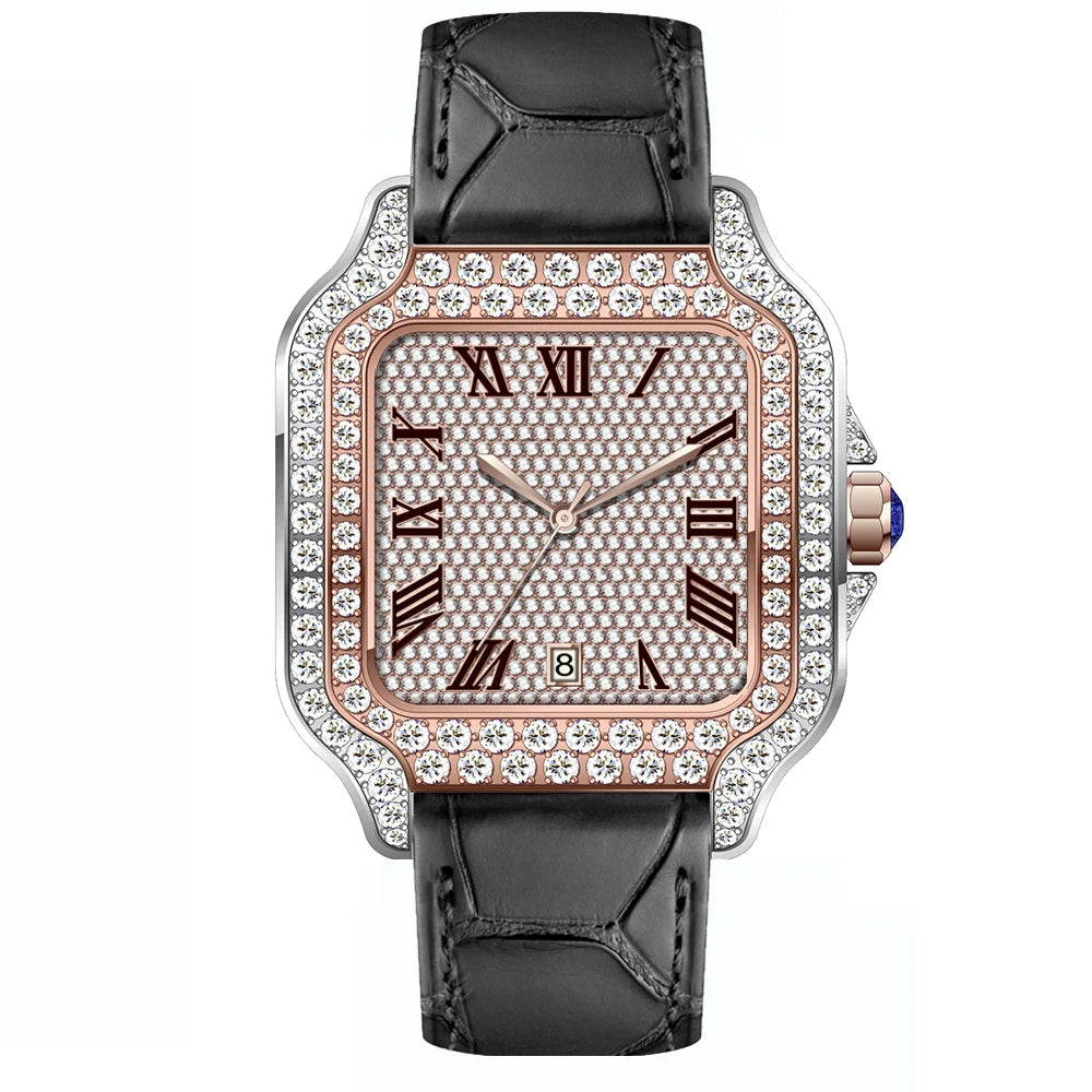No logo Leather Square Iced Out Automatic Luxury Mechanical VVS Moissanite Watch