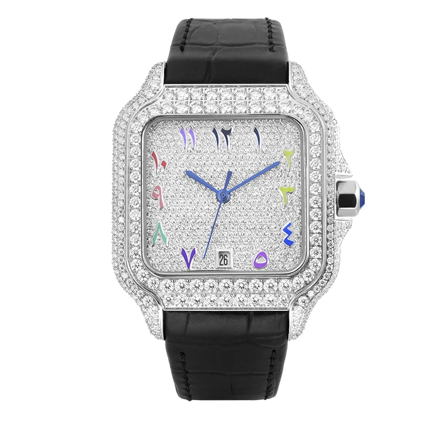 No logo Leather Square Iced Out Automatic Luxury Mechanical VVS Moissanite Watch