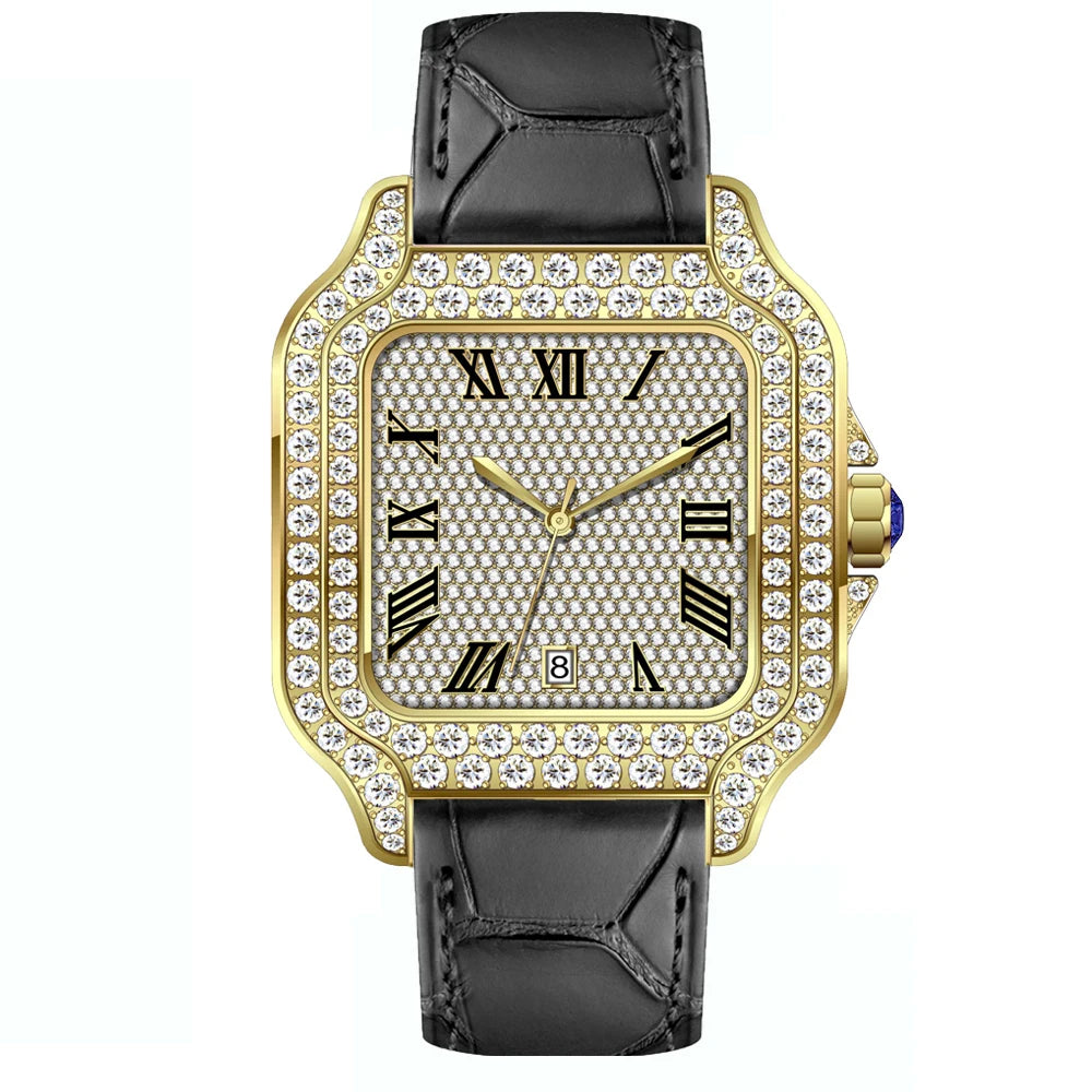 No logo Leather Square Iced Out Automatic Luxury Mechanical VVS Moissanite Watch