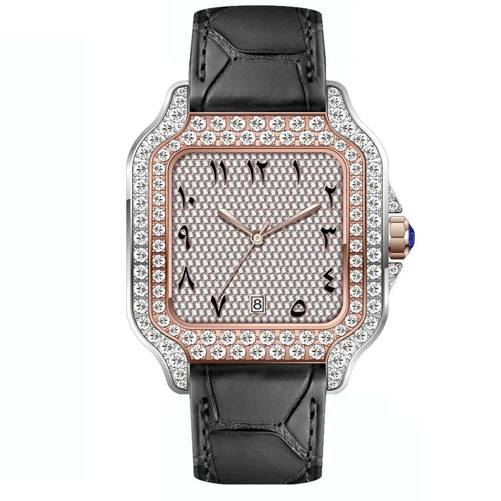 No logo Leather Square Iced Out Automatic Luxury Mechanical VVS Moissanite Watch