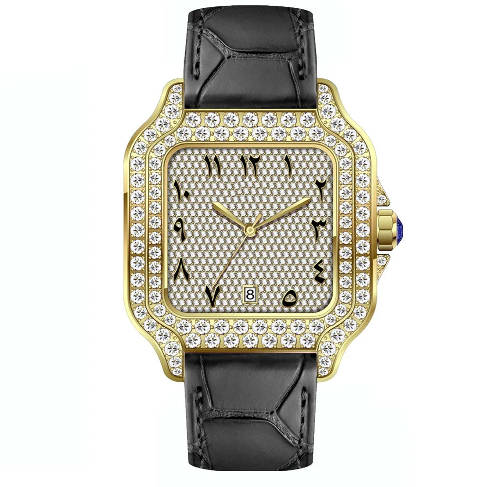 No logo Leather Square Iced Out Automatic Luxury Mechanical VVS Moissanite Watch