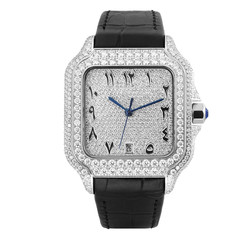 No logo Leather Square Iced Out Automatic Luxury Mechanical VVS Moissanite Watch