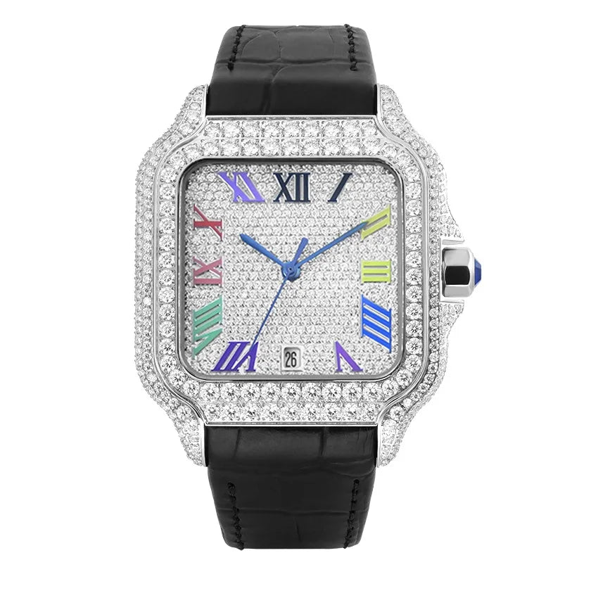 No logo Leather Square Iced Out Automatic Luxury Mechanical VVS Moissanite Watch
